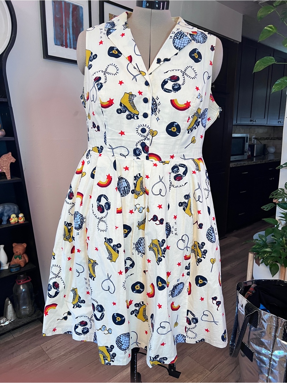 ModCloth White Roller Skate & Retro Print Midi Dress